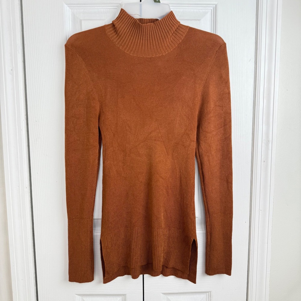 Free People Intimately Mock Neck Sweater S Rust Ribbed Knit Side Slit Minimalist